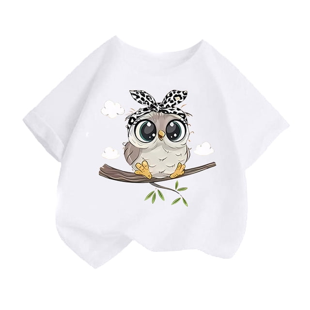 Hauts pour Filles Imprimé Mignon Col Rond Manches Courtes Tee Été Mode Ample Vêtements pour Petites Filles Blanc 2-4 Ans