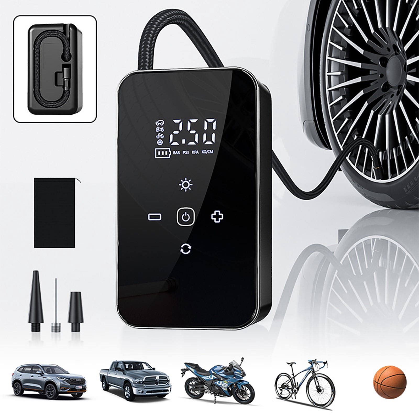 Black Car Tire Air Pump Wireless Electric Portable Multi Function Inflator Tire Pressure Gauge Auto Accessory Black Plastic Construction