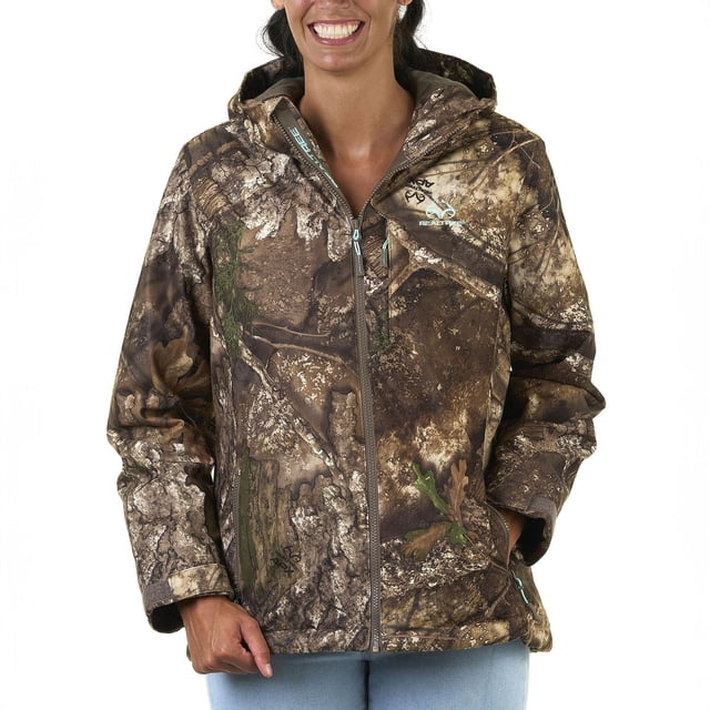 Realtree APX Women's Insulated Parka in camouflage pattern with waterproof, windproof, breathable laminated polyester shell, YKK water-resistant zipper, zippered chest call pocket, Sherpa-lined handwarmer pockets, adjustable cuffs and hood, ideal for cold weather hunting and outdoor use.