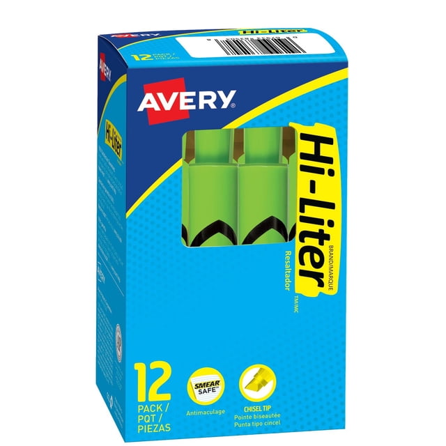 Avery® Style Bureau HI-LITER® Surligneurs Vert Fluorescent Boîte de 12 avec Emballage Bleu et Jaune, Montrant des Marqueurs Vert Fluorescent avec Pointes Biseautées et Encre Anti-Bavure, Idéal pour les Tâches de Surlignage au Bureau et à l'École.