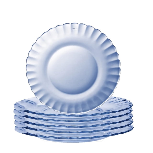 Duralex Picardie Marine Plate 20cm set of 6, translucent blue tempered glass plates with scalloped edges, stacked with one plate upright, featuring shock-resistant, dishwasher-safe design suitable for hot and cold dishes and ideal for everyday dining.