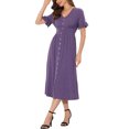 thumbnail image 2 of INSPIRE CHIC Robe d'Été pour Femme Col en V Boutonnée Manches Volantées Smockée Taille Haute Robe Midi TP Violet, 2 of 5