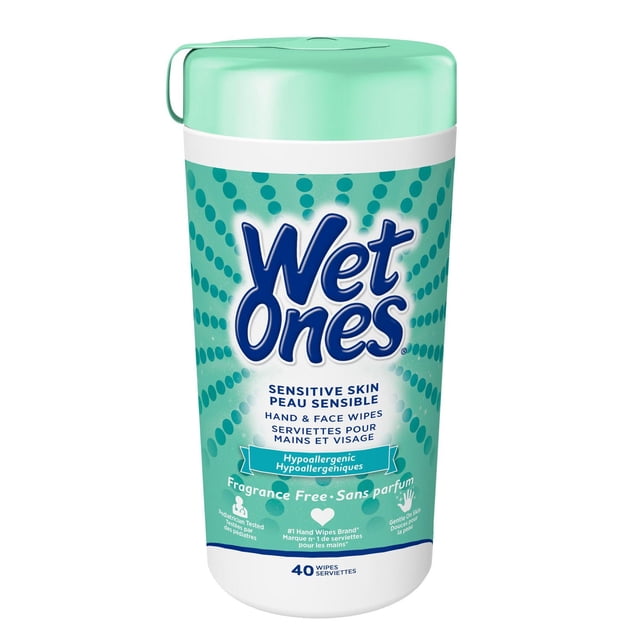 Wet Ones Contenant de Lingettes pour les Mains Sans Alcool pour Peau Sensible avec Couvercle Vert Menthe et Motif à Pois Sarcelle, Hypoallergénique et Sans Parfum, Conçu pour le Nettoyage des Mains et du Visage, Contenant 40 Lingettes Épaisses Idéal pour des Nettoyages Rapides Sans Savon Ni Eau.