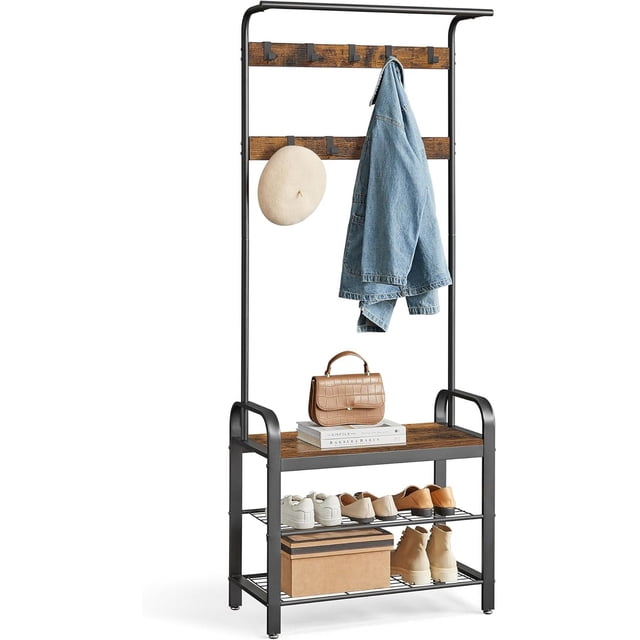 VASAGLE Coat Rack, Hall Tree with Shoe Bench for Entryway in rustic brown and black. This 4-in-1 furniture piece features a sturdy steel frame and particleboard construction, combining a hanging rod, 9 removable hooks, a shoe bench, and a shoe rack. The bench supports up to 80 kg, while each hook holds up to 3 kg. The compact design includes two lower shelves for shoe storage and a top bar for hanging items like scarves or umbrellas. Dimensions: 72 x 33.7 x 183 cm.