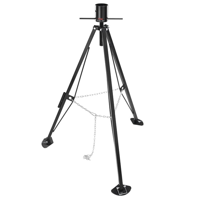 VEVOR 5th Wheel Tripod Stabilizer with a 5000 lbs load capacity, featuring a black steel triangular support structure with adjustable legs ranging from 35 to 57 inches. The stabilizer includes a hitch cup, galvanized chain, and D-pins for secure installation, designed for fifth-wheel trailers, RVs, and campers. Made from durable Q235A steel with a rust-resistant finish, it ensures stability and longevity. The tripod is shown in a fully extended position on a white background.