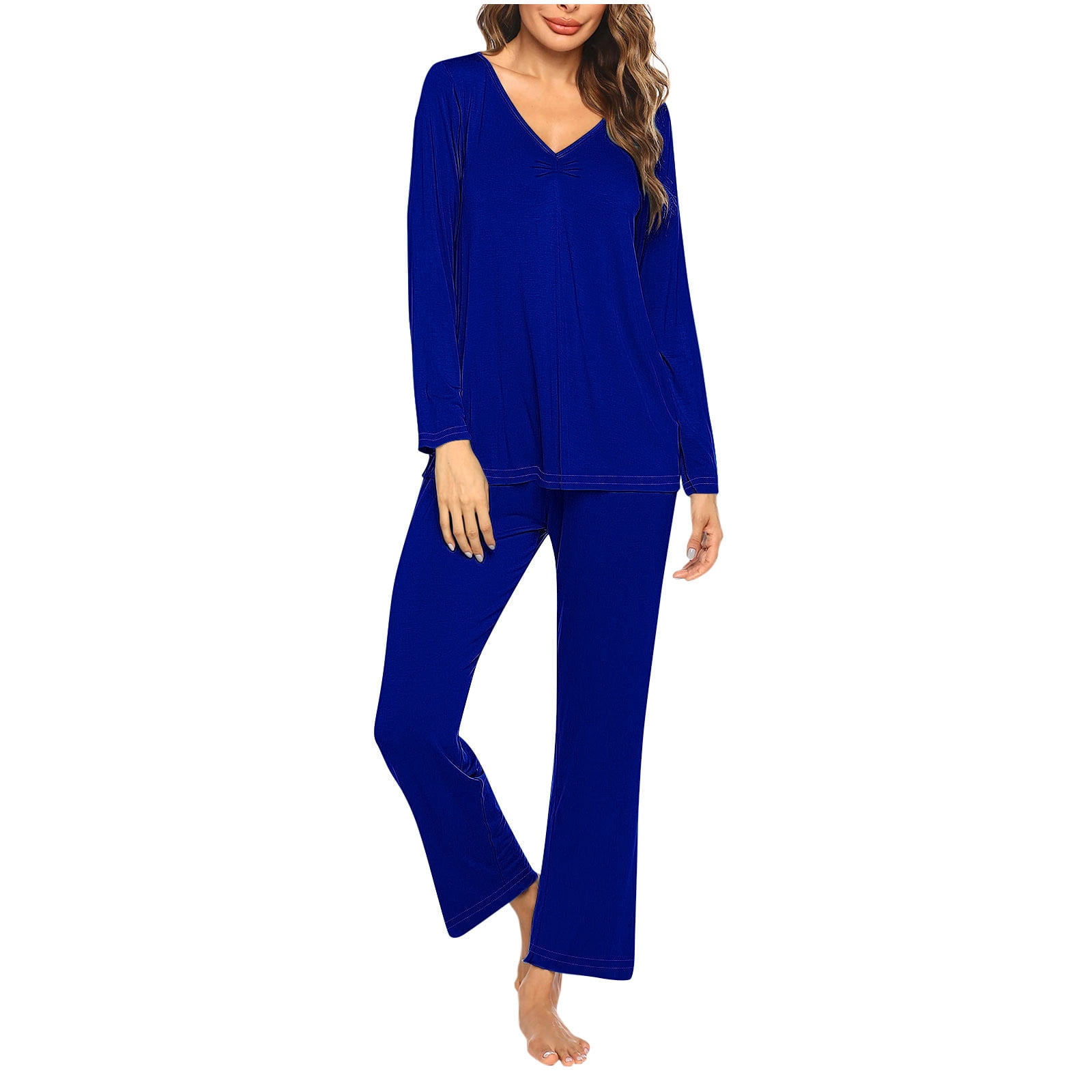 Timegard Ensembles de Pyjamas pour Femmes 2 Pcs Manches Longues Col en V Haut Froncé et Pantalon Automne Décontracté Doux Tenues de Pjs