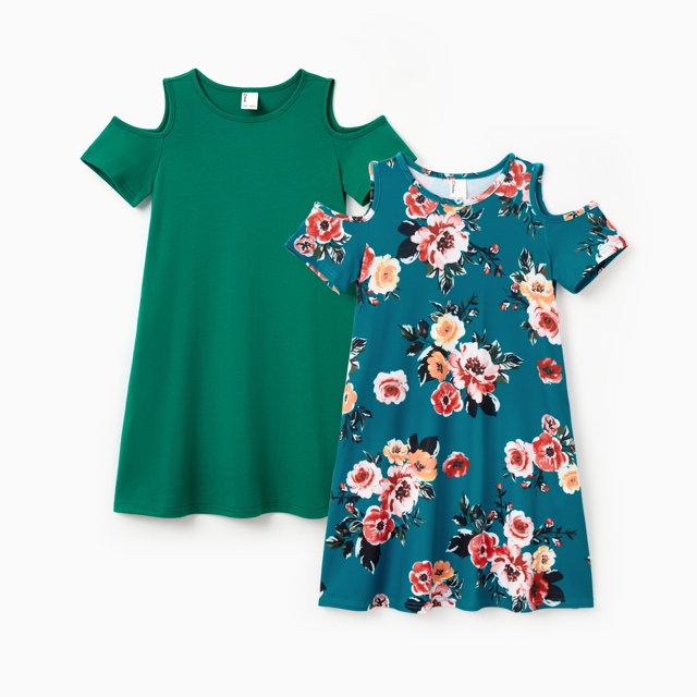 PatPat Lot de 2 Robe Décontractée pour Fille, à Fleurs et Unie, Ajourée