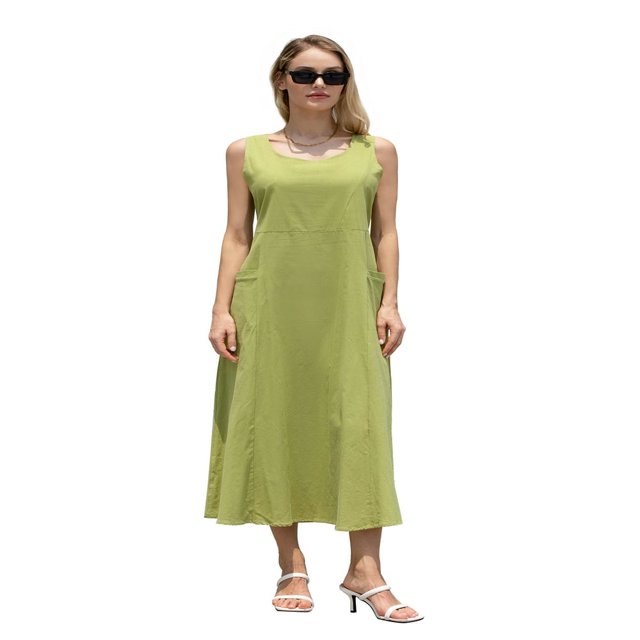 Tenue de Plage pour Femmes Robe Débardeur en Coton et Lin avec Poches Maxi Couleur Unie Bohemia Robe d'Été