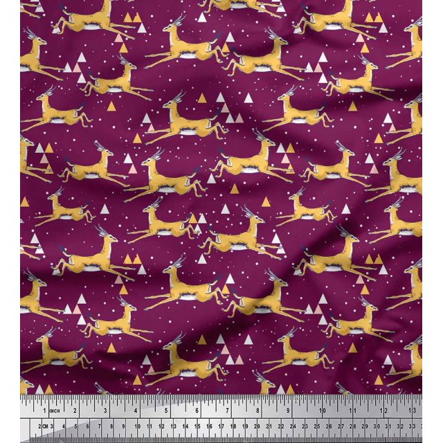 Soimoi Poly Georgette Fabric Triangle & Impala Deer Animal Printed Fabric 1 Yard 52 Inch Wide