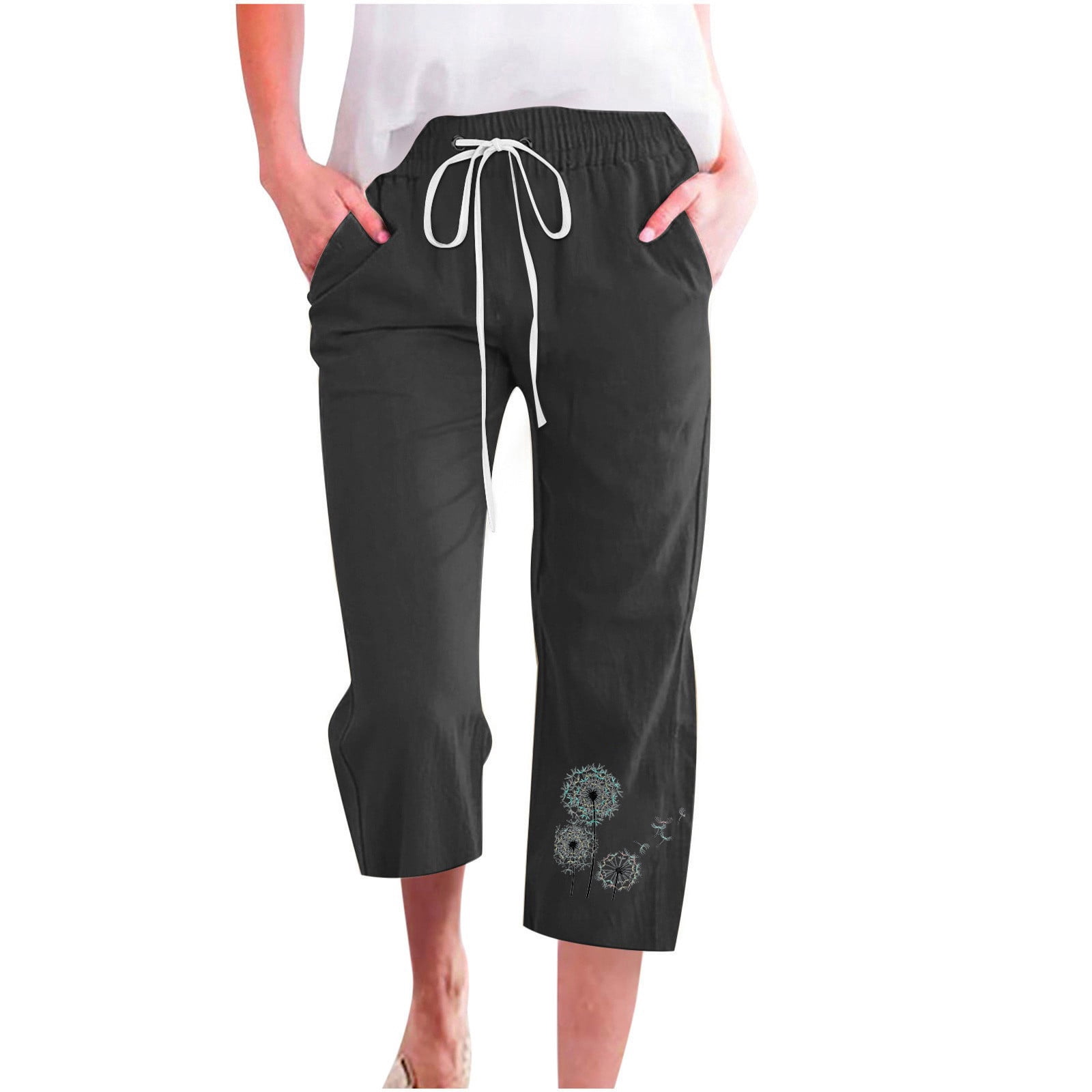 Pantalon en Coton et Lin Femme Mode Femmes Taille Haute Jambe Droite Poches Imprimé Coton et Lin Décontracté Poches Pantacourts Pantalon Taille Haute Pantacourts pour Femmes Pantalon Taille Haute pour Femmes