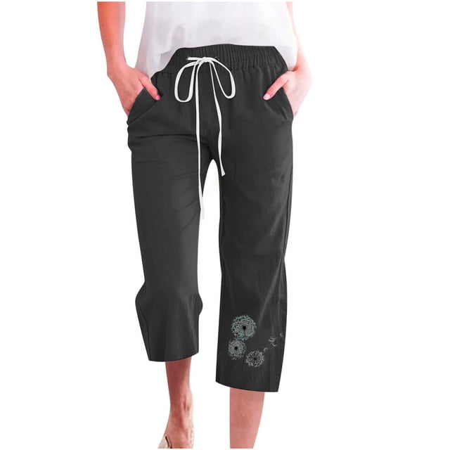 Pantalon en Coton et Lin Femme Mode Femmes Taille Haute Jambe Droite Poches Imprimé Coton et Lin Décontracté Poches Pantacourts Pantalon Taille Haute Pantacourts pour Femmes Pantalon Taille Haute pour Femmes