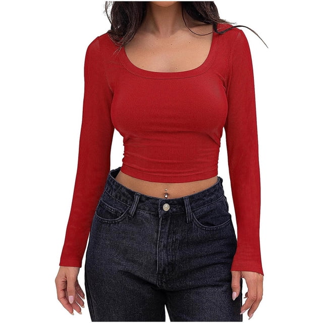 Yuyuzo Crop Tops for Women Ribbed Knit Long Sleeve Scoop Neck Casual Fall Basic Going out Tops