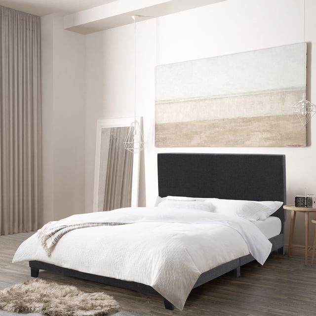 CorLiving Juniper Fabric Upholstered Adult Dull/Double Platform Bed with Padded Headboard and Slats, No Box Spring Required, Charcoal