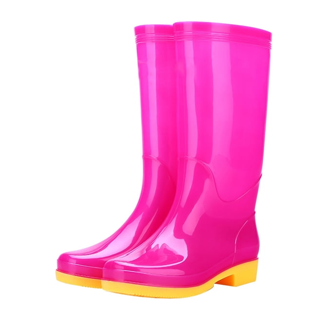 Adult high-top non-slip and waterproof rain boots with velvet and wear-resistant design, crafted from vibrant pink PVC material with a contrasting yellow rubber sole. These knee-high rain boots feature a decorative buckle, anti-slip sole with tire-like grip pattern, and are ideal waterproof footwear for all seasons.