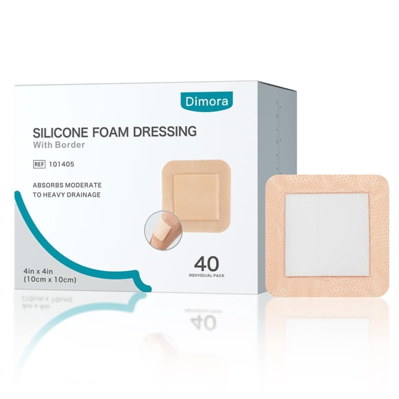 Dimora Pansement en Mousse de Silicone avec Bordure, Lot de 40, Pansement Adhésif 4"x4" Grand Bandage pour Soins des Plaies Approuvé FSA/HSA