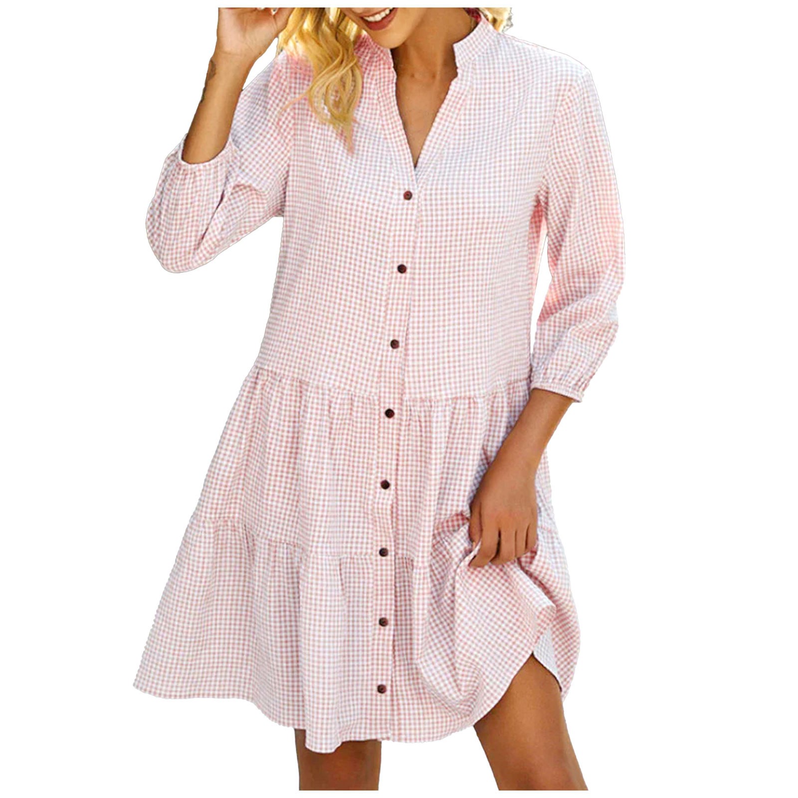 Yuyuzo Robes d'Automne pour Femmes Robe Chemise à Carreaux Mini Manches 3/4 Boutonnée Col en V à Étages Basique Courte