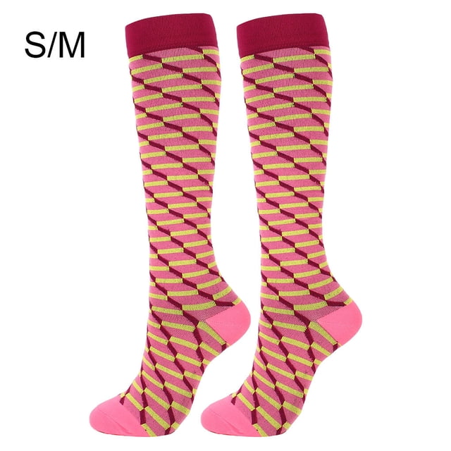 Bas de Compression 20-30 mmHg Longueur Genou Bas de Sport Femmes Bas de Randonnée Bas pour Unisexe Course Cyclisme, Rouge Jaune, à Carreaux, P/M