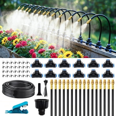 Kidsjoy 50ft Automatic Drip Irrigation Kit with Quick Connect & Misting Nozzles for Greenhouse, Potted Plants, Garden Beds