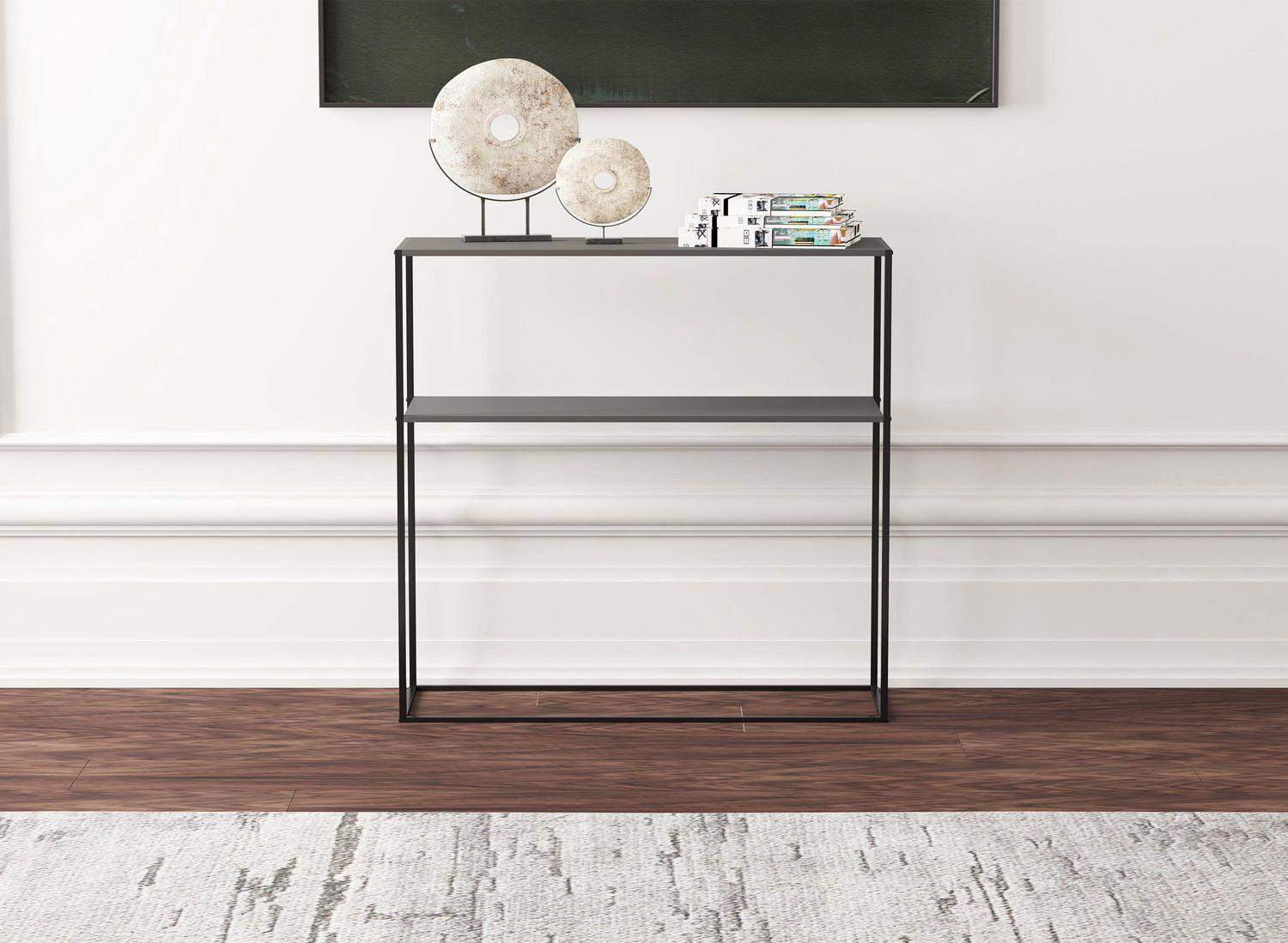 Table console premium pour entrée. Table accent pour canapé. Table d'appoint élégante et fonctionnelle derrière le canapé. Facile à assembler. Table console avec étagère de rangement. Métal noir.