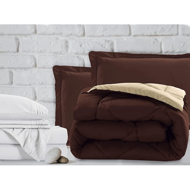 Mocassi 7-Piece Bed-in-a-Bag Comforter & Sheet Set 7-Piece Queen Size Bed-in-a-Bag, Super Cozy Bed Sheets and Comforter Set, Wrinkle and Stain Resistant, Brown/Cream