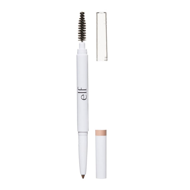 e.l.f. Cosmetics Instant Lift Brow Pencil featuring a slim mechanical pencil tip in natural brown for shaping and filling eyebrows and a spoolie brush on the opposite end for combing and taming brows, shown with clear cap removed and beige pencil cap beside it on a white background, ideal for precise eyebrow definition.
