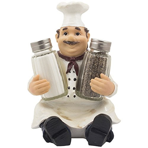 Sitting French Chef Pierre Glass Salt and Pepper Shaker Set with Decorative Display Stand Table Centerpiece Figurine for Country Cottage Decor Spice R
