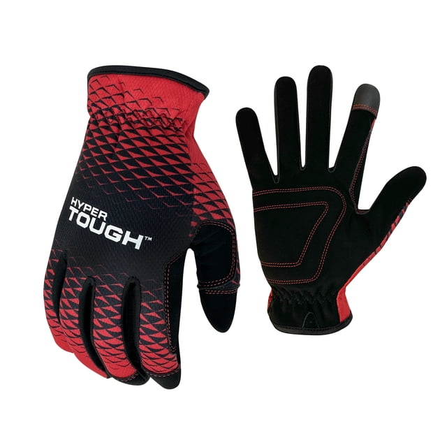 Hyper Tough All Purpose Performance Work Gloves in black and red, large size, showing front and back views. These unisex gloves feature a quick fit cuff, reinforced synthetic leather palm with red stitching, touchscreen-compatible fingertips, and a red geometric pattern on black fabric with the Hyper Tough logo on the back, ideal for various manual tasks.