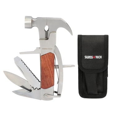 Swiss Tech 14-in-1 multi-outils marteau avec pochette de rangement noire, poignée en bois massif