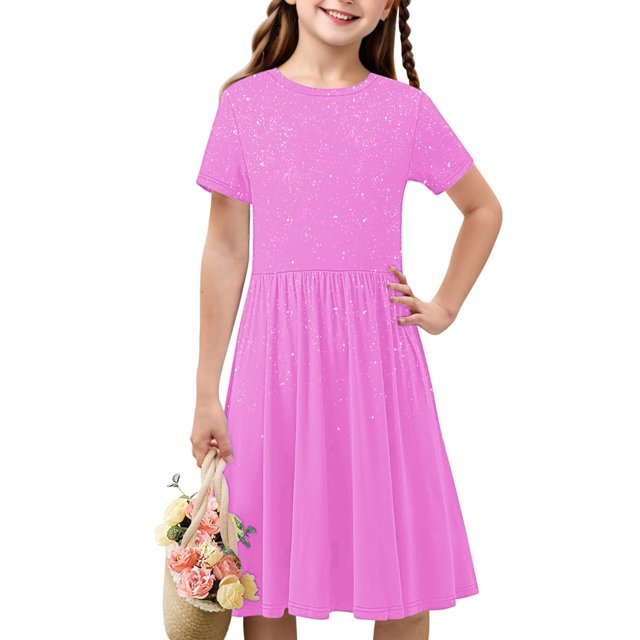 Offre Hebdomadaire d'Été Iumwxz Robe Décontractée Trapèze Robe Tunique pour Adolescentes Robes Col Rond Robe à Manches Courtes Brillante à Motif pour Enfants Robes Stylées pour Fête des Fêtes 4-14 Ans