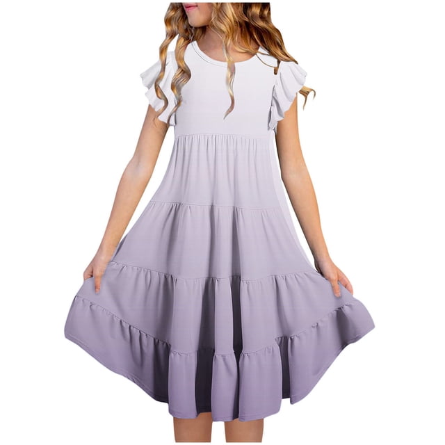 RXIRUCGD 2025 Vêtements d'Été pour Enfants Mode Filles Nouvelle Robe d'Été à Manches Courtes Poches à Volants Col Rond Imprimé