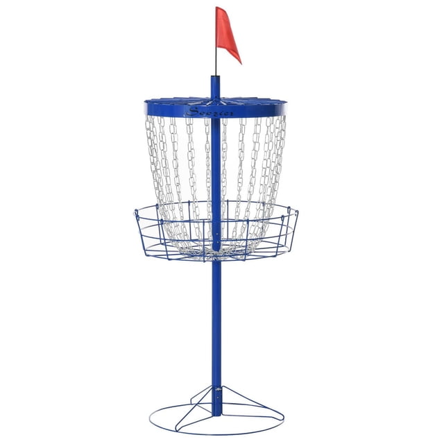Soozier 24-Chain Lightweight Portable Practice Basket for Disc Golf Target Stand in deep blue with a red flag on top, featuring 24 steel chains and a powder-coated steel frame, designed for easy setup and backyard or tailgate disc golf practice.