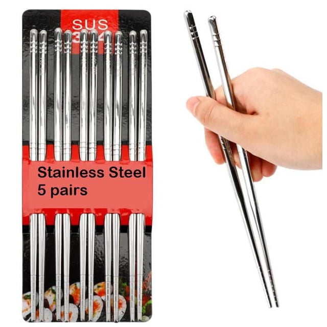 Sunwealth Stainless Steel Chopsticks - 5 pairs in black and red packaging with sushi images, polished 201 stainless steel hollow design with pointed nonslip tips, 8.8 inches (223 mm) long; shown held in hand, lightweight and reusable flatware ideal for dining and travel.