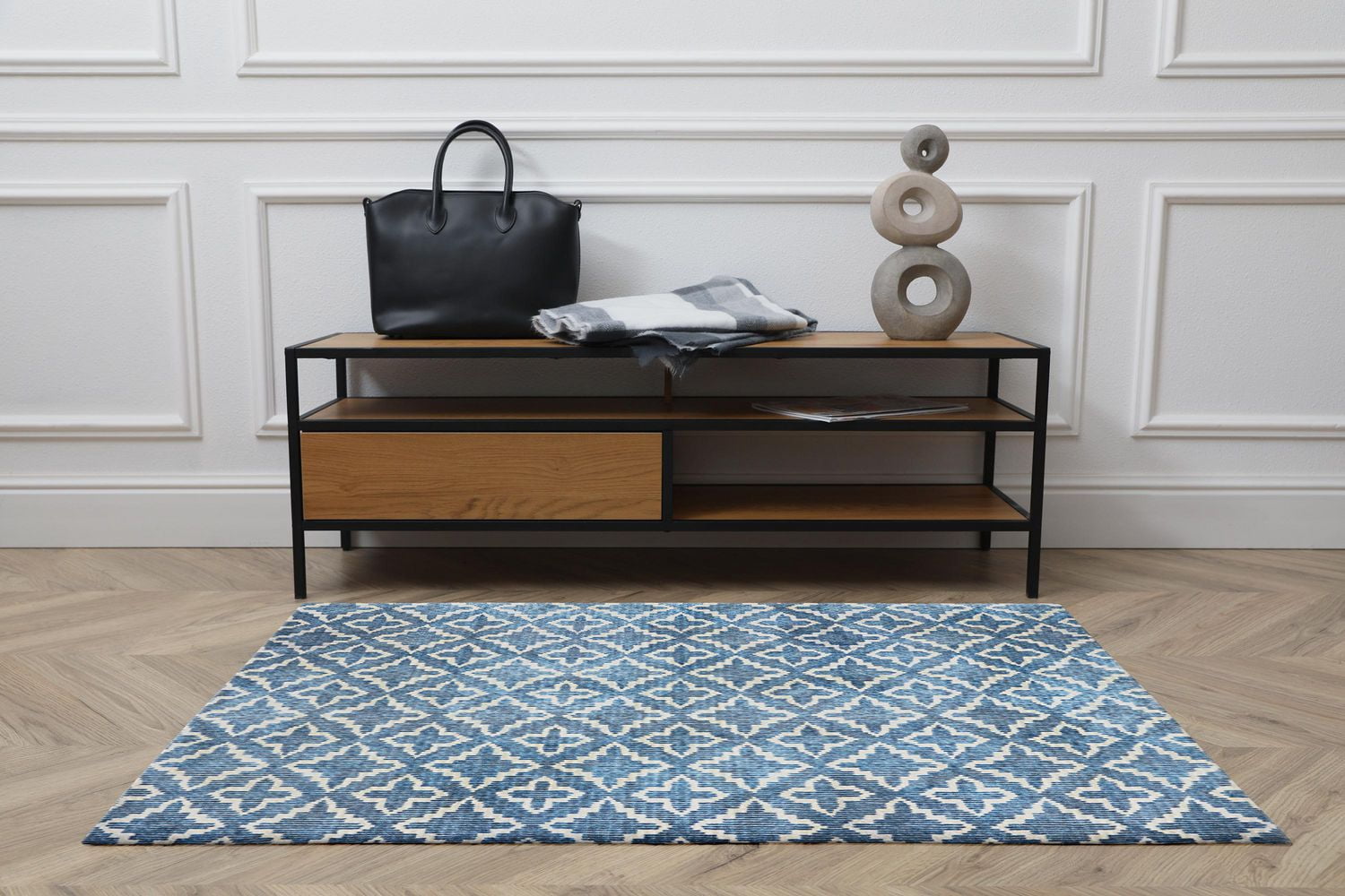Motif Printed Faux Rabbit Linear Blue & White 3 ft. x 5 ft. Accent Rug
