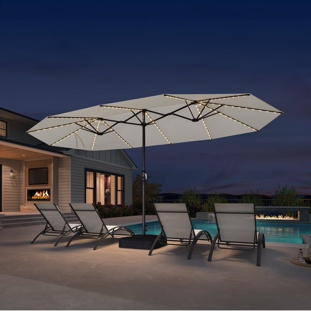 PURPLE LEAF 15ft Patio Market Umbrella with Solar LED and Base Double-Sided Rectangle Outdoor Table Sun Umbrellas for Pool Beach Deck Backyard Cream