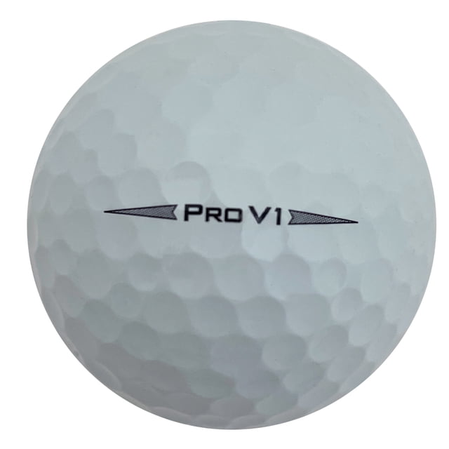 A close-up view of a Pro V1 2020 golf ball in pristine condition, part of a 48-pack of used golf balls by Mulligan Golf Balls. The ball features a white dimpled surface with the Pro V1 logo printed in black. These high-grade balls are cleaned, inspected, and ideal for practice or play, offering pro-level feel, long distance, and spin control. Eco-conscious recycled packaging included.