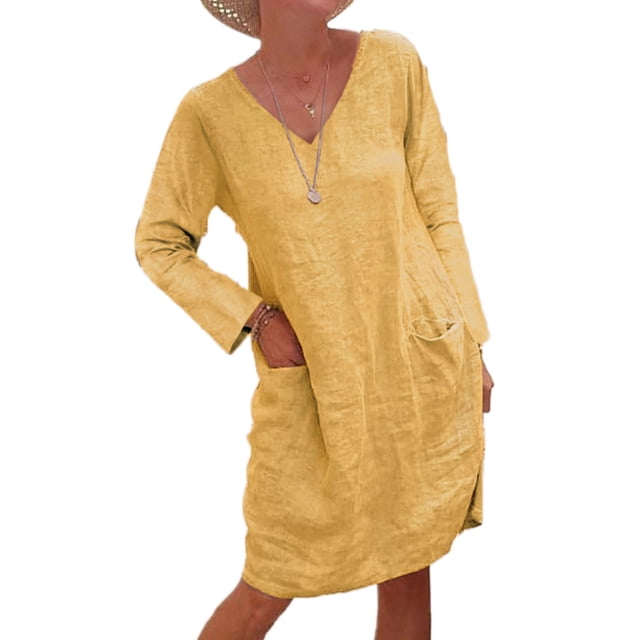 Bellella Robe Midi pour Femmes à Col en V, Robes T-Shirt à Manches Longues, Unie, avec Poches, Jaune, P
