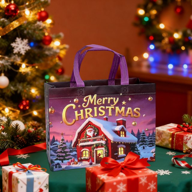 Cagogo under $5 Nonwoven Gift Bags, reusable holiday present bags featuring a festive 'Merry Christmas' design with a snowy house and Santa illustration. Made of durable non-woven fabric in purple, measuring 32x25x17cm, with sturdy handles. Displayed on a table surrounded by wrapped gifts and Christmas decorations, ideal for festive gift packaging and party favors.
