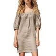 thumbnail image 1 of Mrat Robe en Coton et Lin pour Femmes Vêtements Décontractés Couleur Unie Col Carré Manches Mi-Longues Robe Ample Courte P-42 Kaki P, 1 of 4