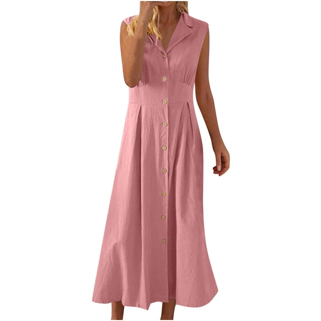 Amzcrzy Robes pour Femmes Couleur Unie Sans Manches Robes de Printemps Col en V à Boutons Robe d'Été Confortable Robe en Coton et Lin Tendance Col Rabattu Robes Maxi