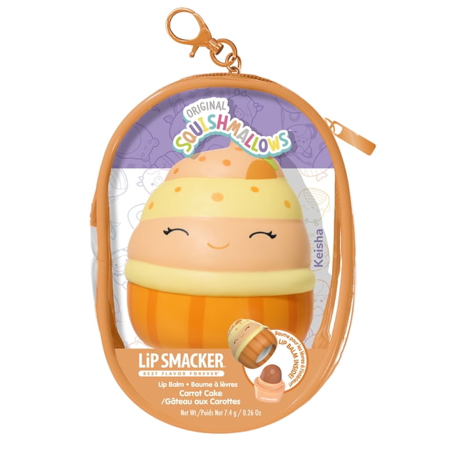 Squishmallows Baume à Lèvres - Baume à Lèvres Aromatisé Keisha (Orange) Carotte Gâteau dans un Contenant Doux, Orange Arrondie et Crème en Forme de Personnage Squishmallows Souriant avec Pois Orange, Emballé dans un Étui Ovale Transparent avec Fermeture Éclair et Pince, Conçu pour Garder les Lèvres Douces et Sucrées, Idéal pour Ensembles-Cadeaux Beauté pour Enfants.