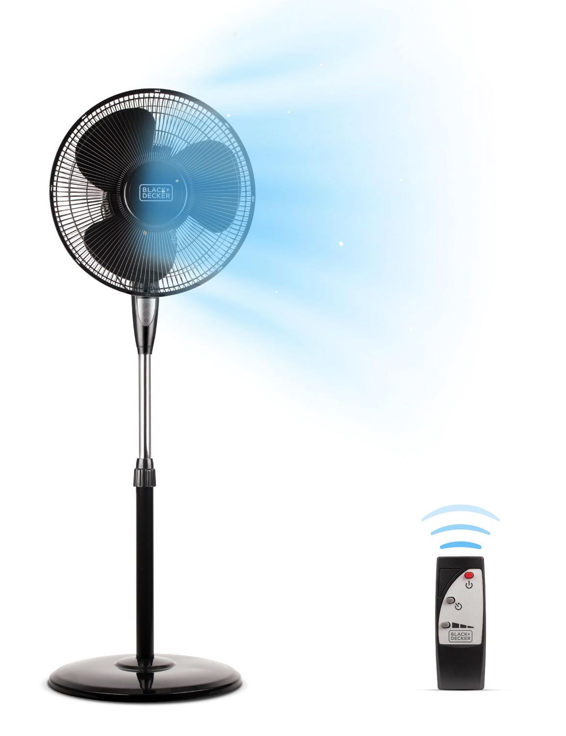 Ventilateur sur pied Black + Decker de 16 po avec télécommande et base ronde, noir