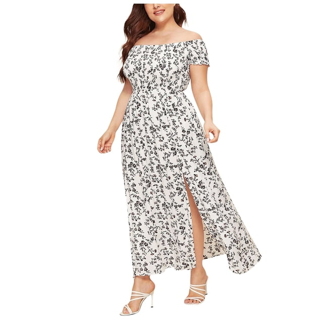 Babysbule Robe pour Femmes Liquidation Femmes Grande Grande Taille Épaules Dénudées Corsage Froncé Fente Cuisse Robe à Petites Fleurs