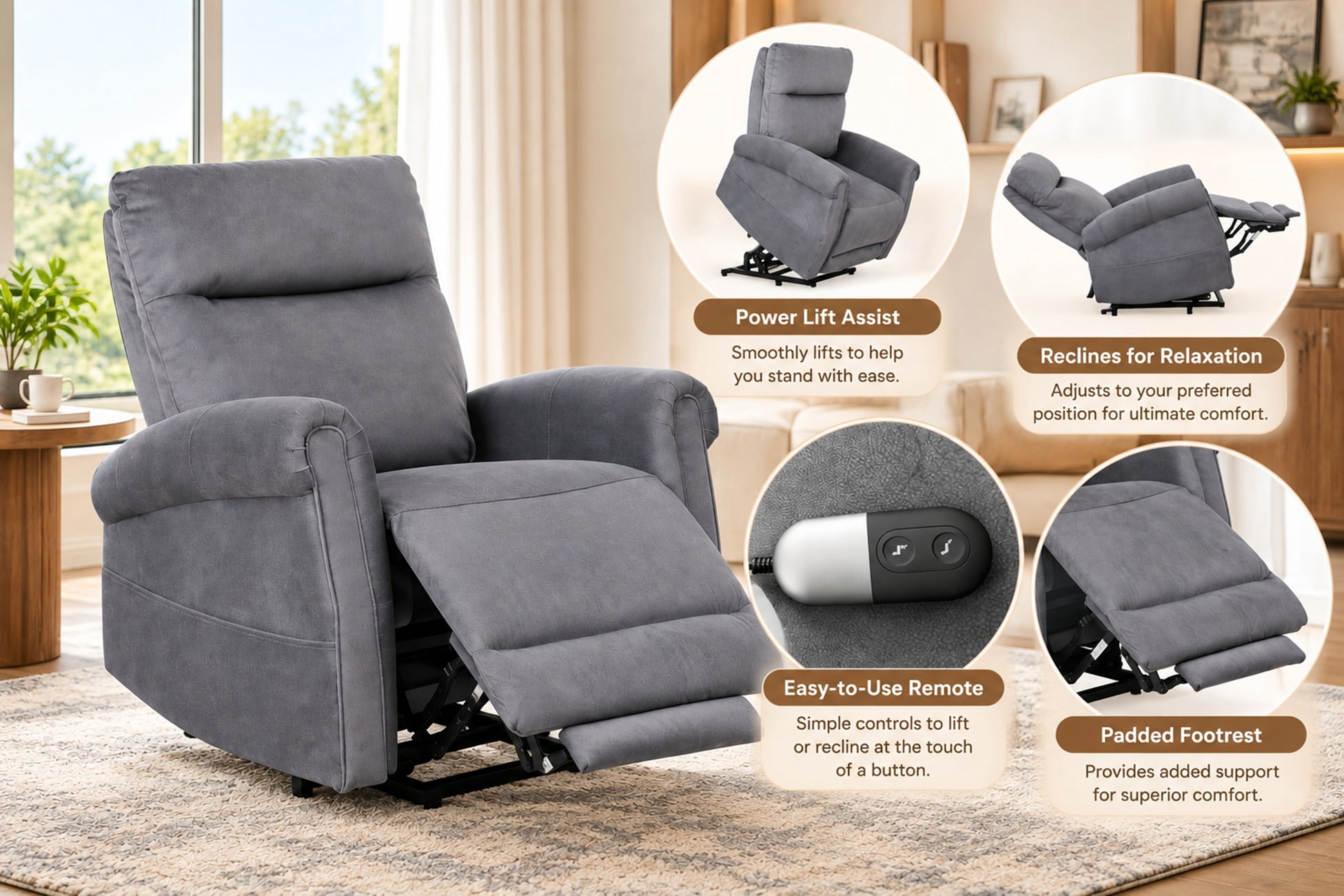 K-Living Arlen Power Lift Recliner Chair in Charcoal Aspen Fabric for ...
