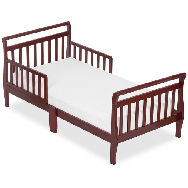 Dream On Me, Sleigh Toddler Bed with solid wood sleigh design in reddish-brown finish, featuring two side safety rails and a low-to-the-ground frame for toddler safety and easy access, ideal for toddler room décor and classic toddler beds.