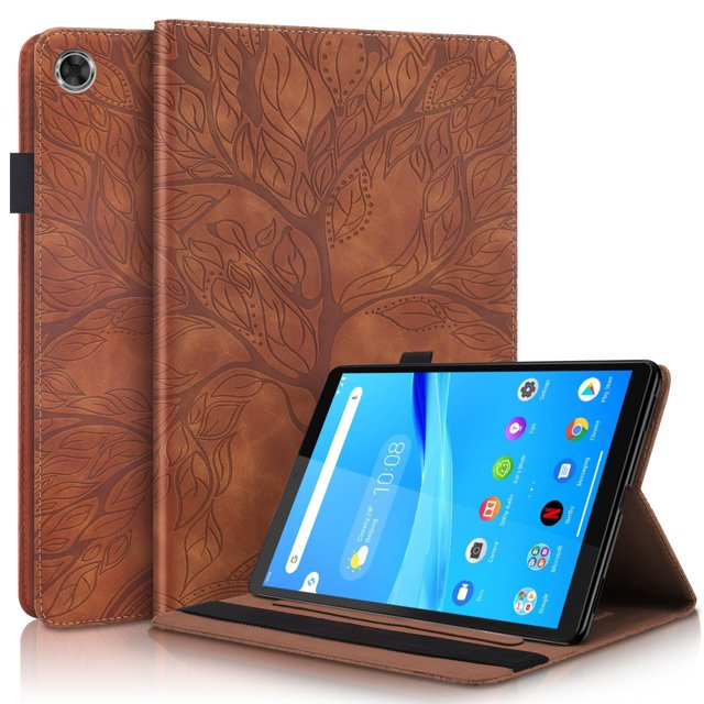 Tree of Life Embossed Case for Lenovo Tab m8 Stand, Card Slots, Stylus Loop Brown