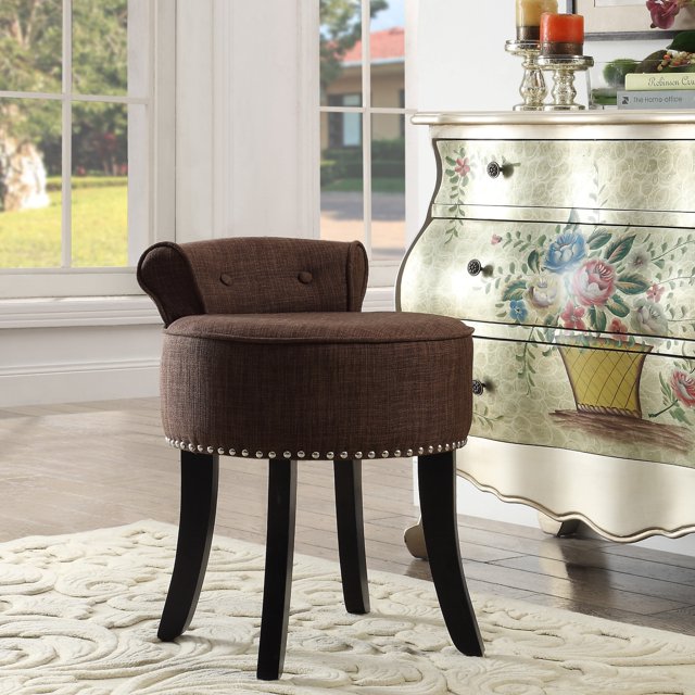 Inspired Home Bardot Linen Vanity Stool Nailhead Trim Roll Back Bedroom, Brown