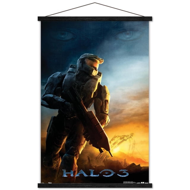 Halo 3 - Affiche Murale de Réveil Représentant un Soldat Blindé Orienté vers l'Avant avec une Visière orange Lumineuse Tenant un Fusil, Posée sur un Ciel au Coucher du Soleil avec une structure Anneau de Science-Fiction et des Yeux Clairs dans un Fond Bleu Foncé, Imprimée sur Papier d'Affiche Lustré Mesurant 22,375 par 34 Pouces, Convient à la Déco de la Maison Ou aux Salles de Jeux.