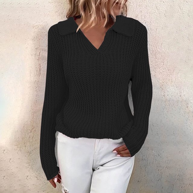 Qertyioot Chandails à Col en V pour Femmes Mode Automne Hiver Pull à Manches Longues Décontracté