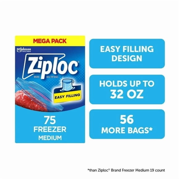 Ziploc® Freezer Bags with Stay Open Technology, Medium, 75 Bags