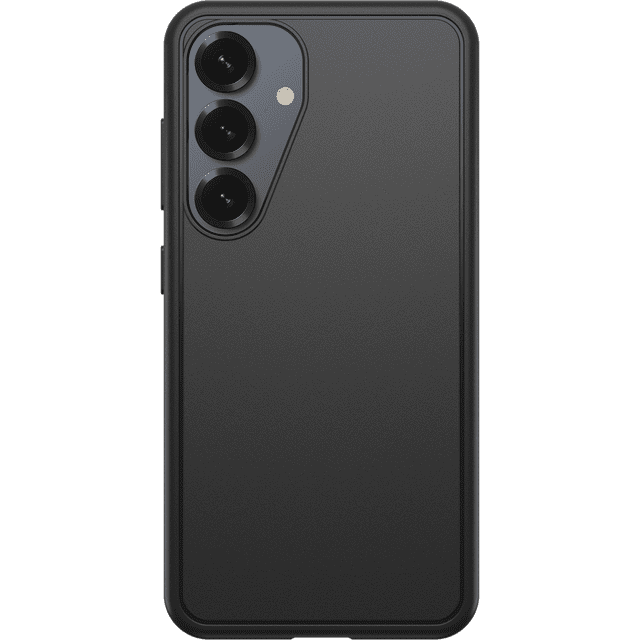 OtterBox Symmetry Magnets Case Black for Samsung Galaxy S25 shown from the back in a centered, flat view, featuring a slim matte black design with reinforced corners, raised edges around the triple camera lenses, built-in magnets for Qi2 wireless charging, and drop protection.